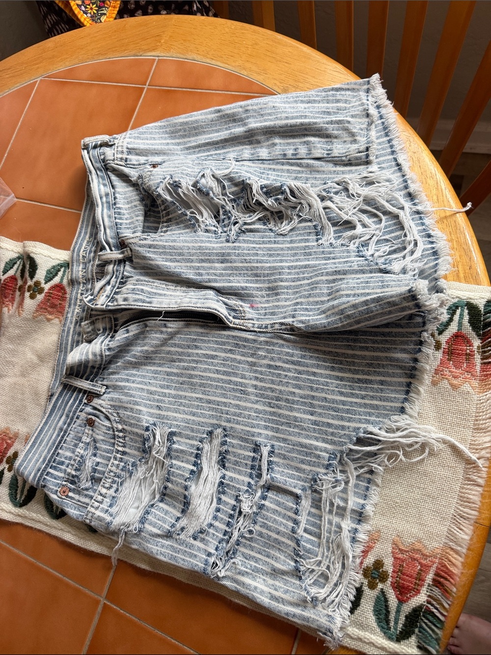 American Eagle Outfitters Striped Distressed Denim Shorts - Light Blue/White